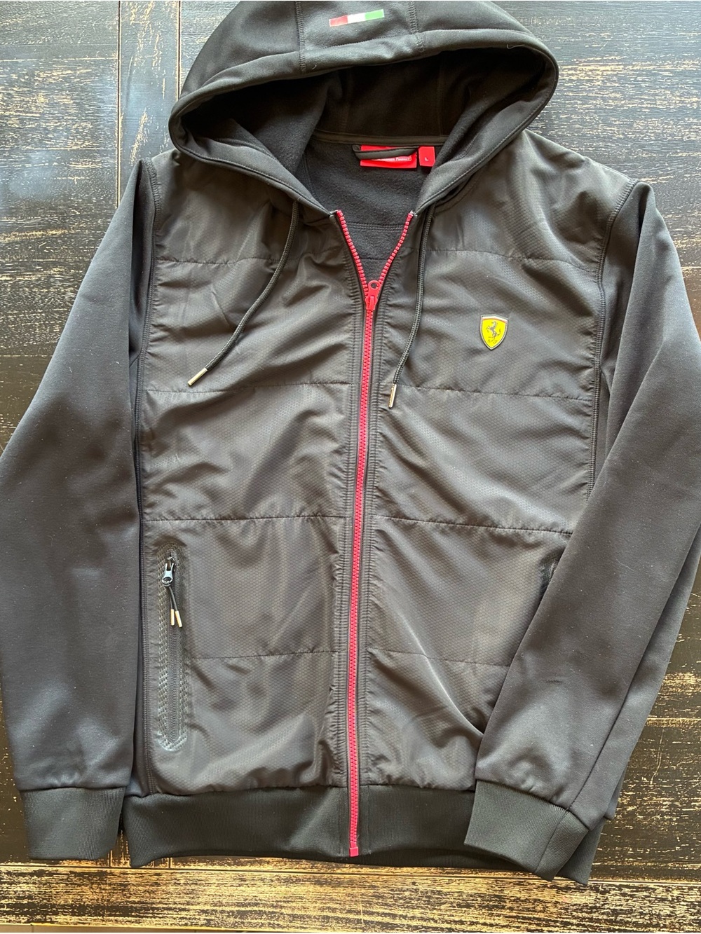 Ferrari Black Hooded Jacket with Red Zipper and Yellow Shield size L